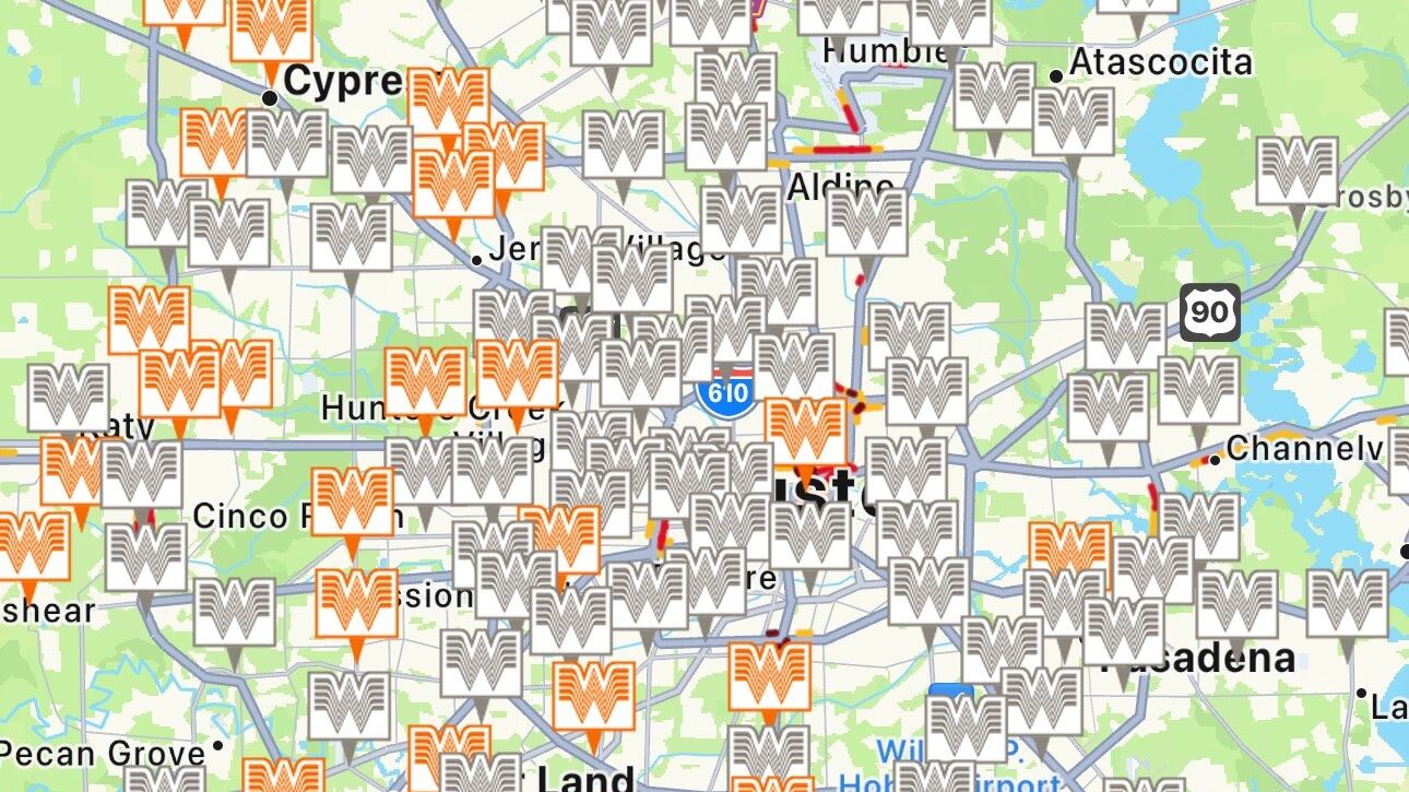 Whataburger app showing locations of closed and open restaurants during Beryl